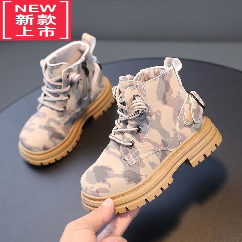 可莉允儿童靴子男童迷彩单靴2022春秋新款女童马丁靴软底防滑中大童皮靴图片