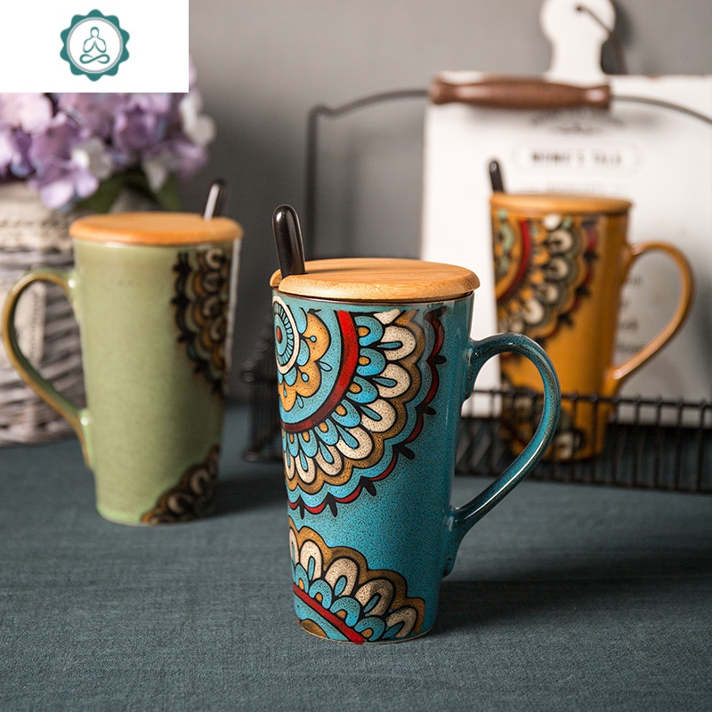 杯子陶瓷马克杯复古大容量办公室情侣水杯茶杯家用简约杯子带盖勺封后