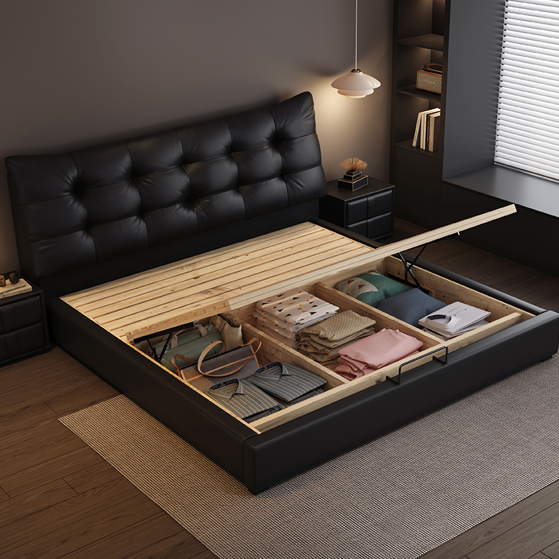 轻奢纳帕真皮床现代简约主卧双人床1.5米8意式极简黑色储物软包床高清大图