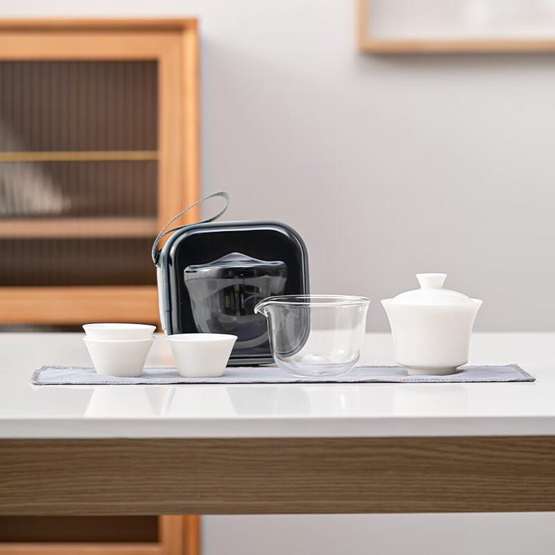 苏氏陶瓷(SUSHI CERAMICS) J0795 旅行茶具中国白羊脂玉瓷便捷茶具快客杯手提袋套装