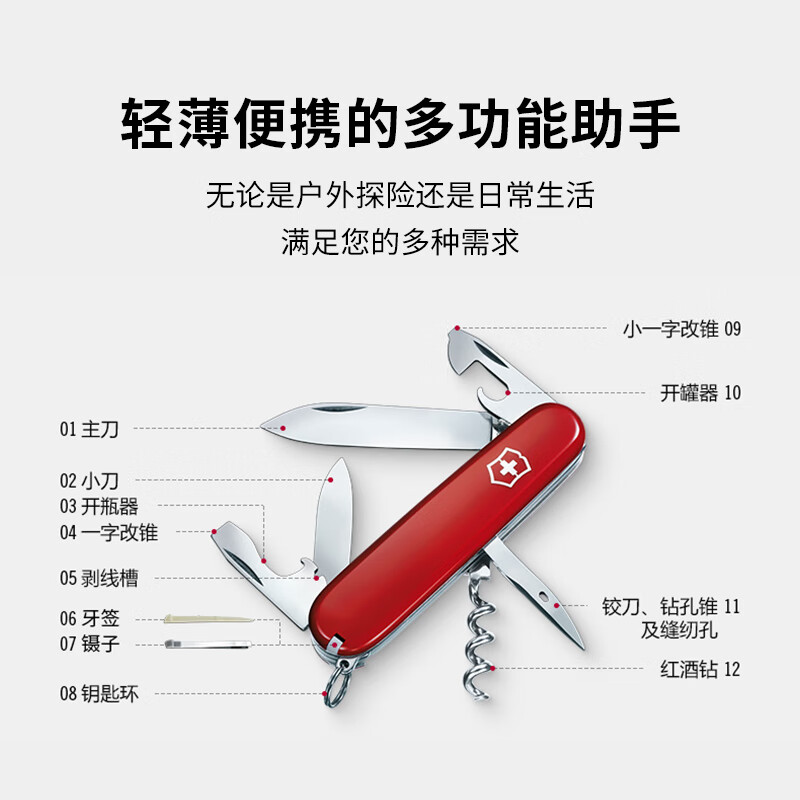 维氏 瑞士军刀斯巴达人12项多功能水果刀刀折叠刀 红色 1.3603高清大图