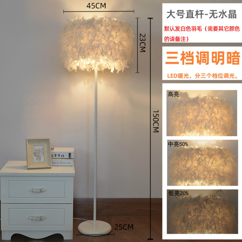 苏宁放心购 灯饰网红白色羽毛水晶立式落地灯客厅书房卧室床头台灯主播补光灯 大号无水晶+12瓦LED三档调明暗白杆+直杆款
