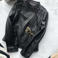 举翼王子海宁新款真皮夹克立领短款韩版修身皮衣外套女装 黑色 XL