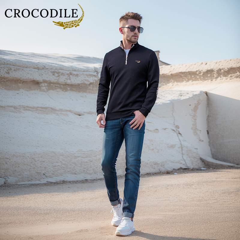 鳄鱼恤CROCODILE 卫衣男士半拉链套头长袖休闲POLO衫高清大图