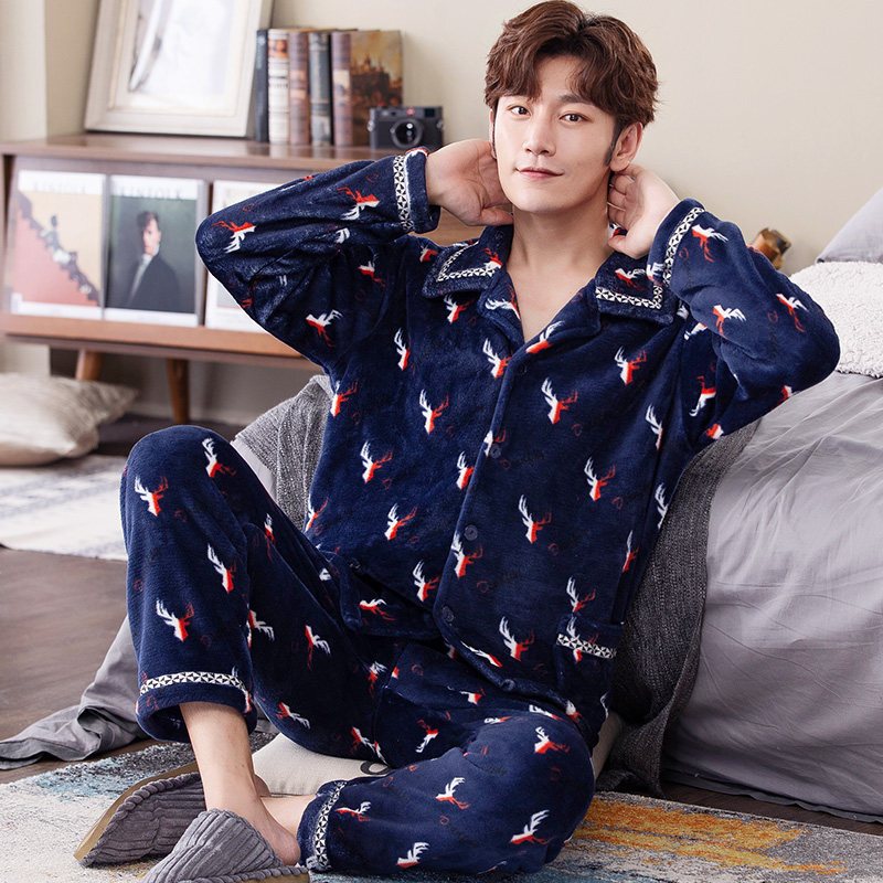 男士休闲睡衣可外穿睡衣男珊瑚绒加厚加绒男士开衫法兰绒款服套装视频