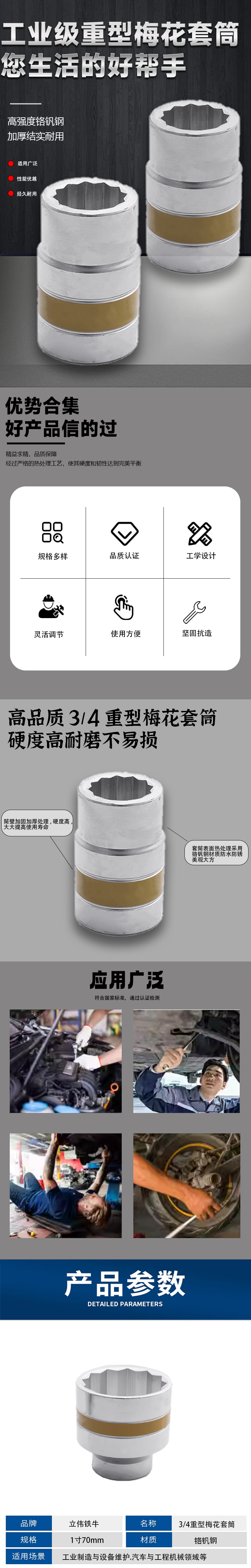 立伟铁牛3/4重型梅花套筒1寸70mm/个高清大图