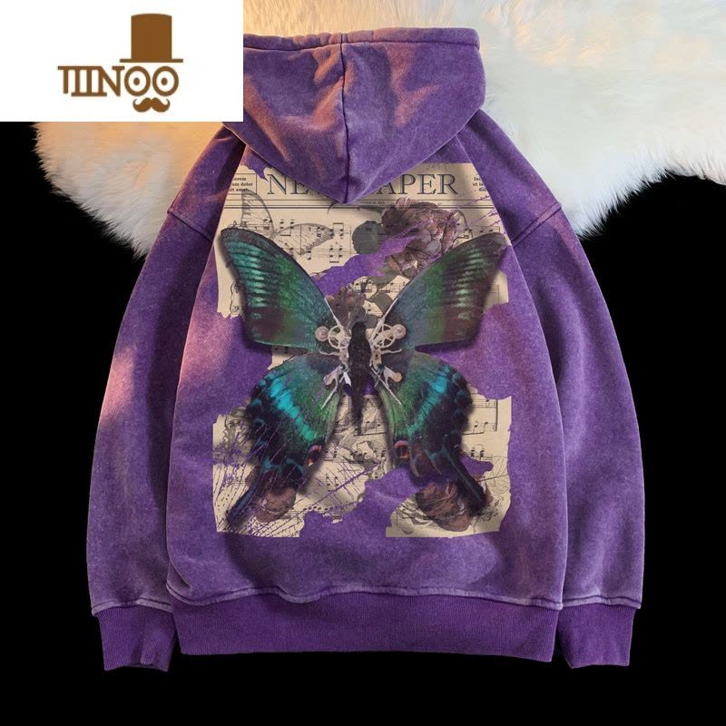 YANXU蝴蝶印花紫色连帽卫衣男潮牌美式复古水洗做旧宽松大码外套图片