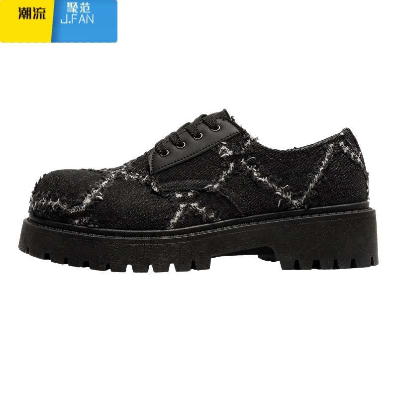聚范男鞋秋季小众破洞帆布米奇黑色板鞋男厚底增高休闲大头德比鞋高清大图