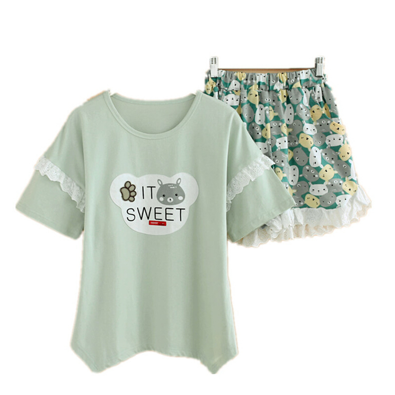 睡衣女夏季纯棉短袖短裤韩版宽松卡通全棉夏天学生套装女士家居服