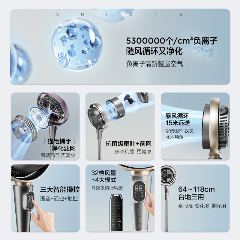 艾美特(AIRMATE) 32档直流变频 黄金环减震0噪感负离子净化除菌 AI智能语音摇头电风扇 AIR12灰紫色高清大图