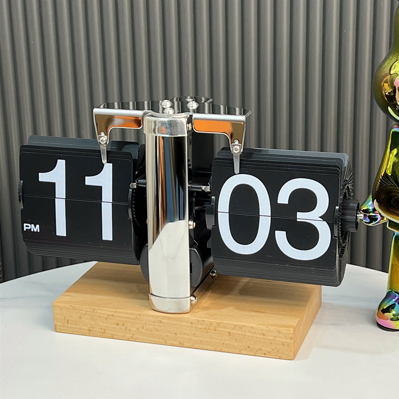 欧式自动翻页钟复古简约家居客厅座钟小天平机械自动翻页时钟【3】 方形平底不锈钢黑页