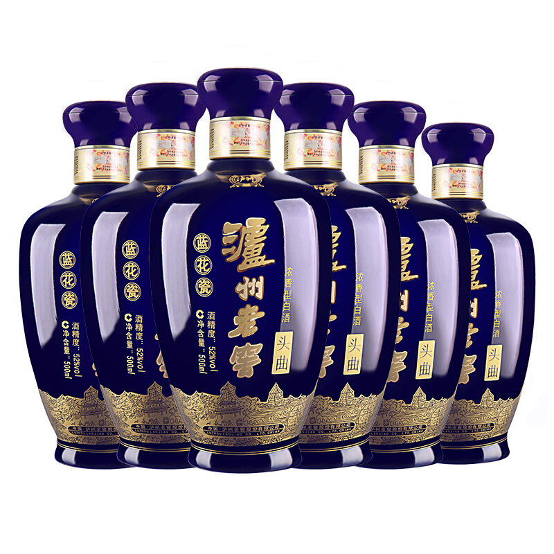 泸州老窖头曲蓝花瓷白酒 52度500ml*6瓶整箱 高度浓香型纯粮食酒光瓶口粮酒