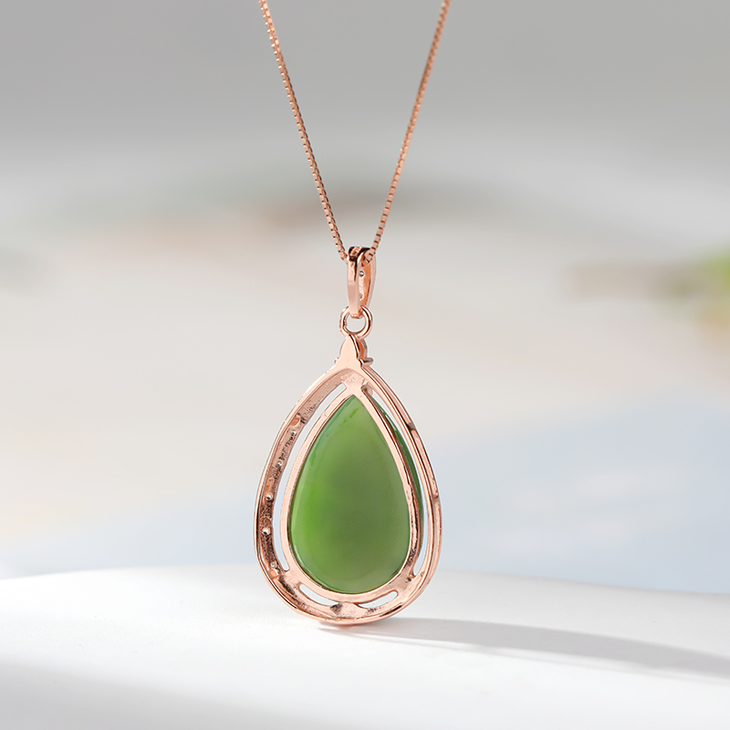 印象眸s925银镶和田玉吊坠银镀玫瑰金镶碧玉水滴形女款玉石吊坠附送