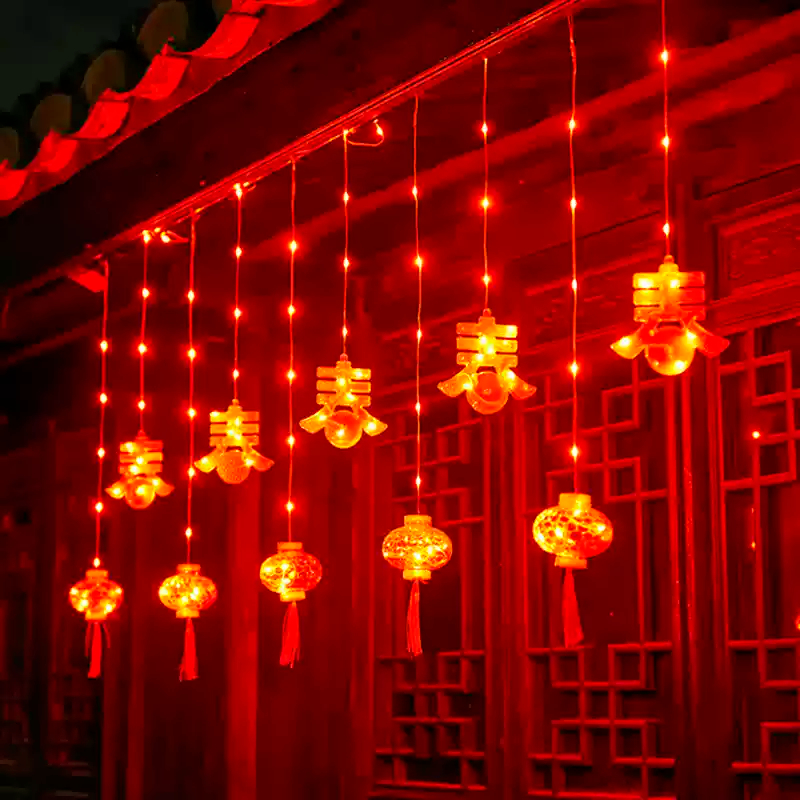 新年装饰红灯笼挂件【低压插电款】大春+红灯笼-横向3米下挂0.8米【八种模式闪烁】尾插+串联