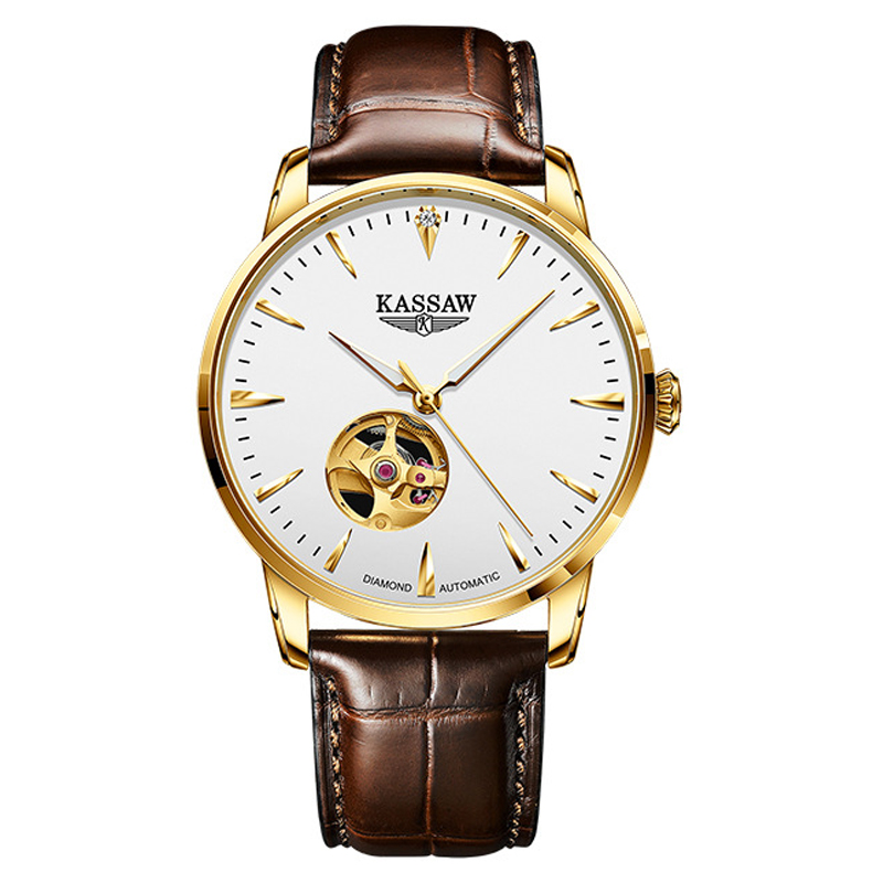 卡梭(KASSAW)手表男真钻自动机械表超薄陀飞轮镂空防水潮流男表带钻石鉴定证书K998G 金壳白面