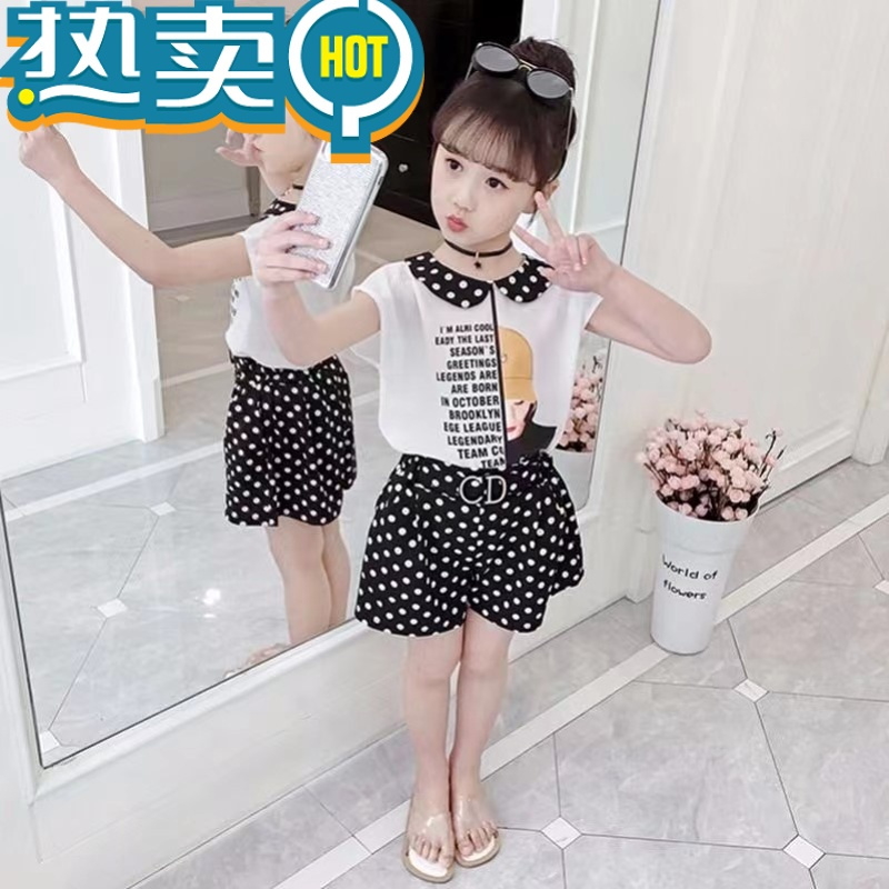 绿彩虹光女;童套装夏装2022新款韩版儿童童装女孩洋气短袖时髦两件套短.