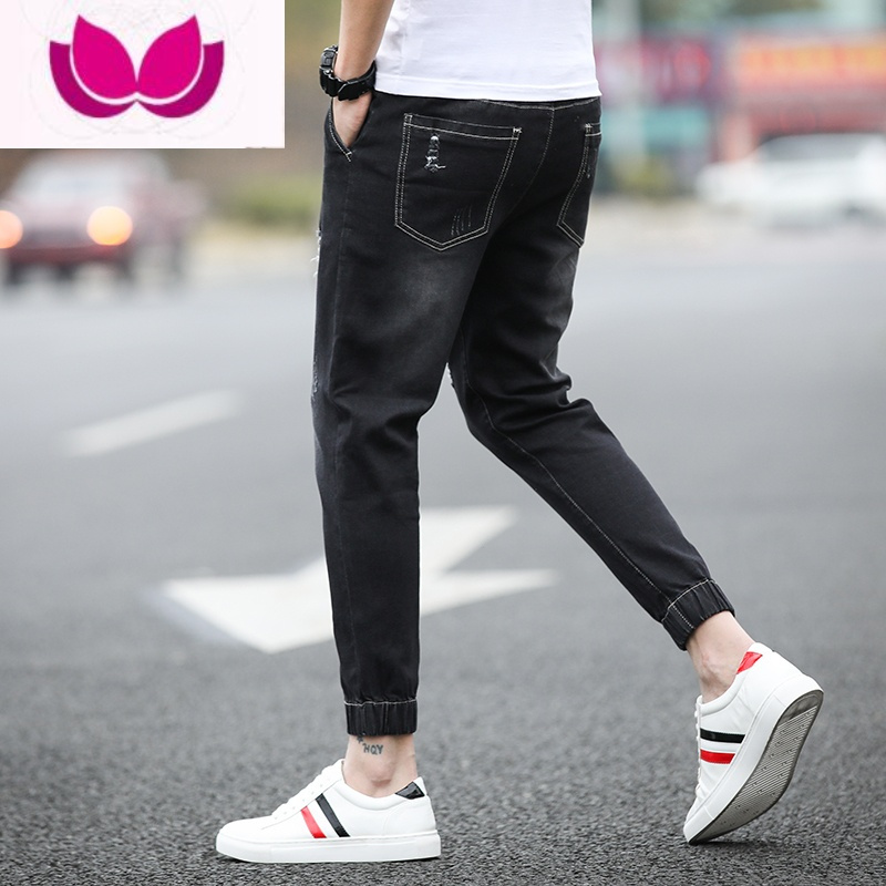 七斓夏季薄款破洞九分牛仔裤男士修身小脚弹力韩版潮流束脚9分裤子男