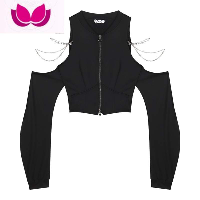 七斓辣妹露肩长袖T恤女装春季别致独特设计感小众修身短款上衣打底衫