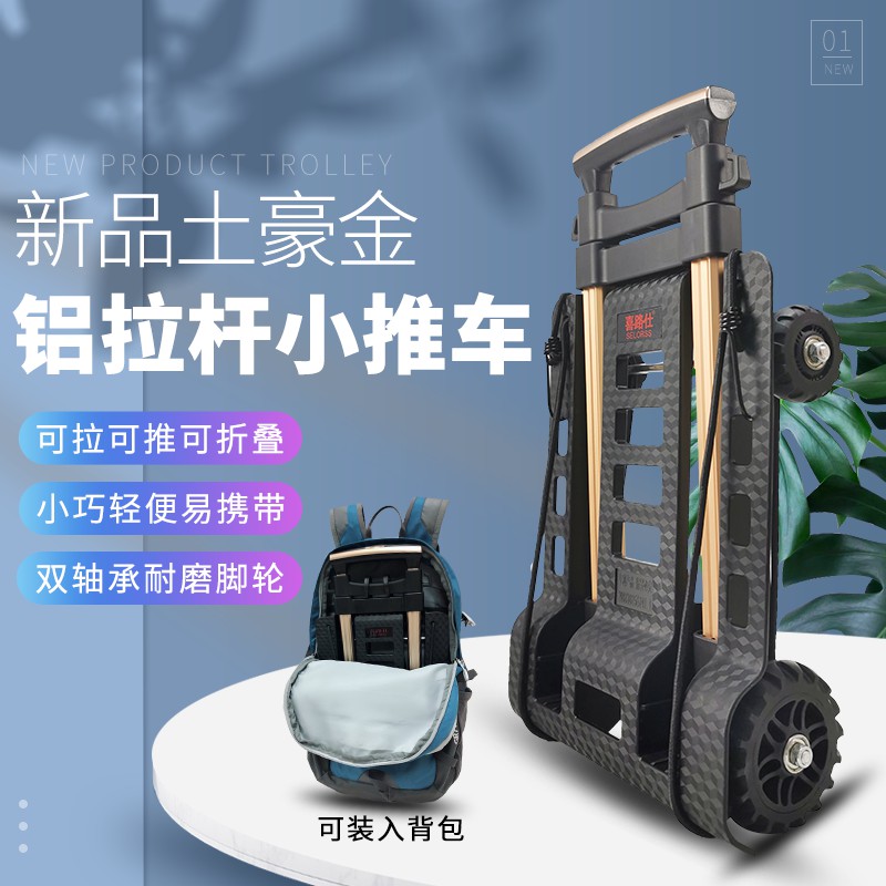 便携购物车土豪金铝拉杆折叠小推车行李小拖车家用手拉车 三维工匠 土豪金小拉车BY04(配黑色袋)家用拖车高清大图