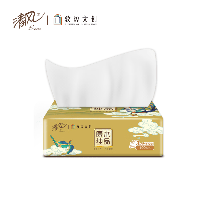 清风 敦煌文创 原木纯品系列3层100抽4提1一箱24包 抽纸 餐巾纸 擦手纸 3层厚韧湿水不易破 厚实舒软高清大图