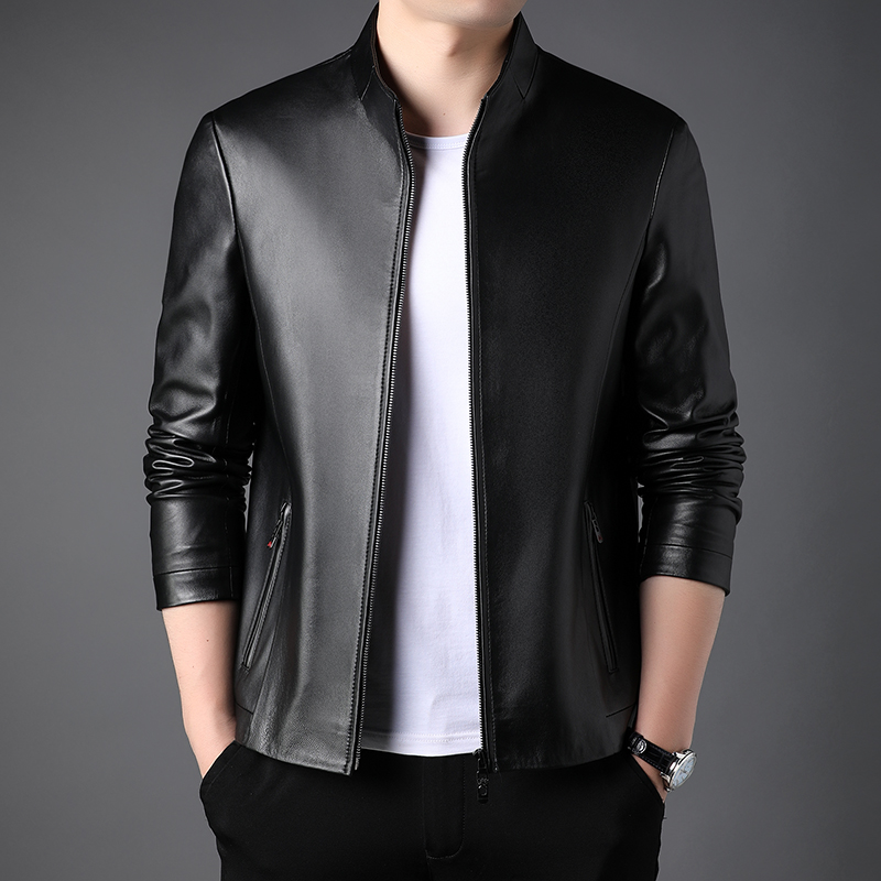 100%真皮头层皮加绒秋冬新款海宁真皮皮衣男修身休闲秋冬绵羊皮机车服皮夹克外套潮流帅气男装棒球领立领翻领任选劲霸七匹狼 立领黑色头层皮 195