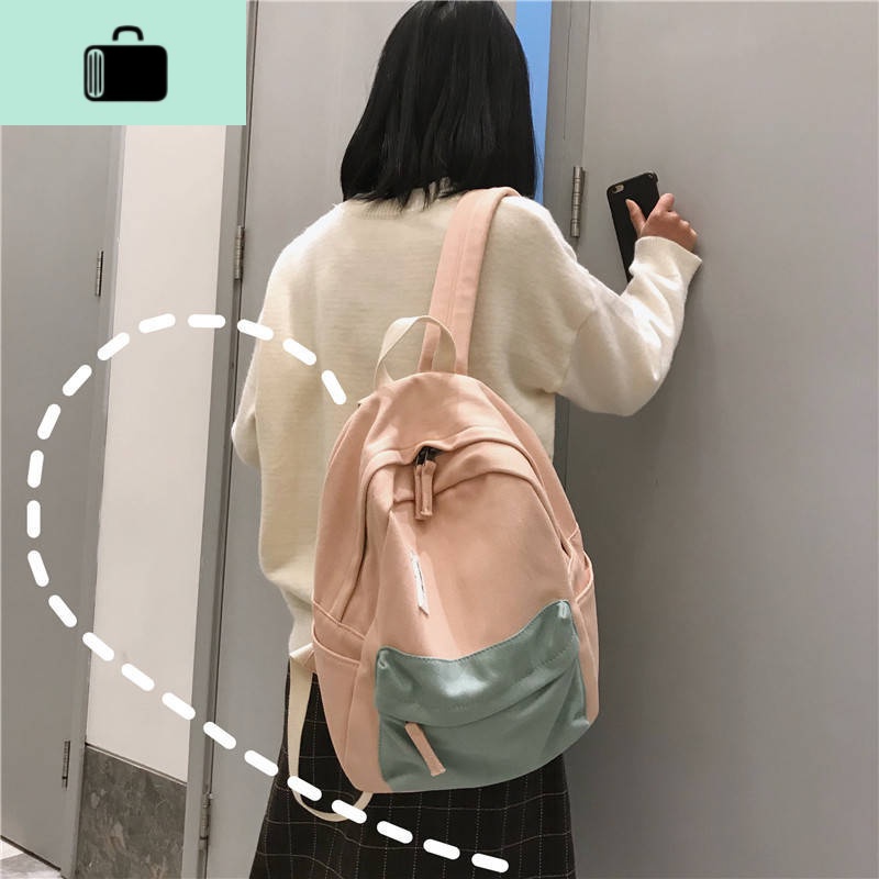 书包女韩版撞色简约ins双肩包女古着感少女大中学生帆布背包耐用NEW LAKE高清大图