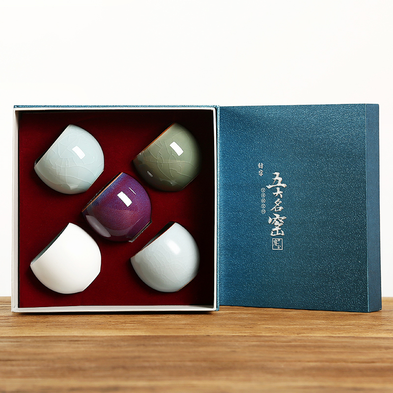 常生源 茶杯 仿宋汝窑 五大名窑品茗杯 陶瓷功夫茶杯套装 官汝哥定钧窑各1只 礼盒 传承主人杯5只整套