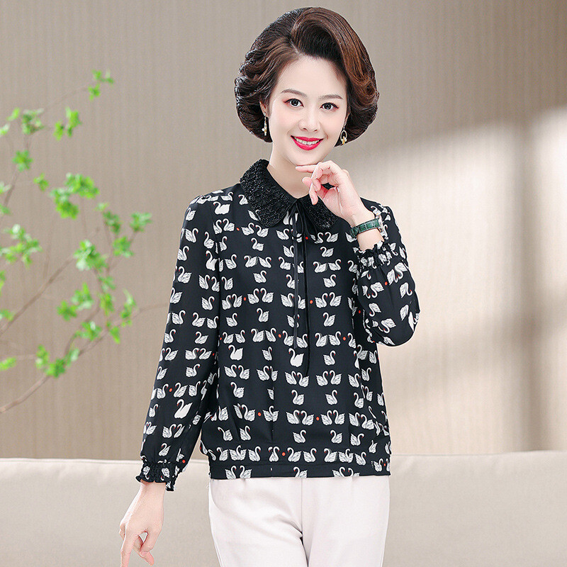 妈妈装春装时尚长袖雪纺小衫中老年女装4060岁女士休闲花色婆婆上衣薄