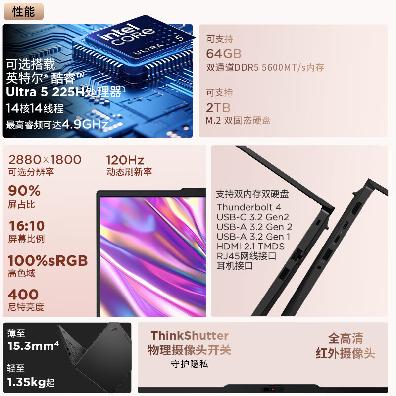 ThinkPad E14 00CD 2025款 14英寸轻薄便携游戏商务办公笔记本电脑 定制Ultra7-255H 64G 1T 2.8K屏 120HZ高清大图