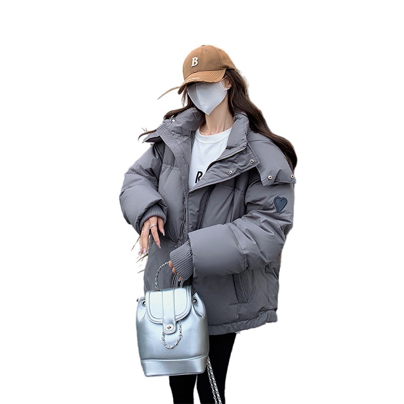 棉衣女2024冬季新款韩版灰色小爱心短款羽绒棉服学生款大码面包服高清大图