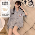 带胸垫夏季女仿棉开衫短袖宽松加大码翻领韩版卡通休闲家居服套装 女L Q91241【带胸垫】