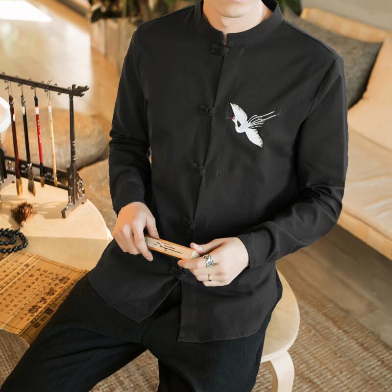 仙鹤刺绣亚麻衬衫男宽松中式盘立领棉麻上衣复唐