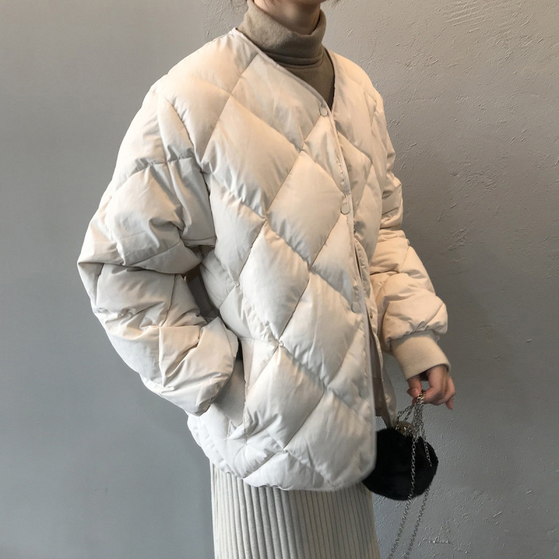 唐狮秋冬季棉衣女新款韩版休闲简约无领菱形格棉服加绒加厚潮
