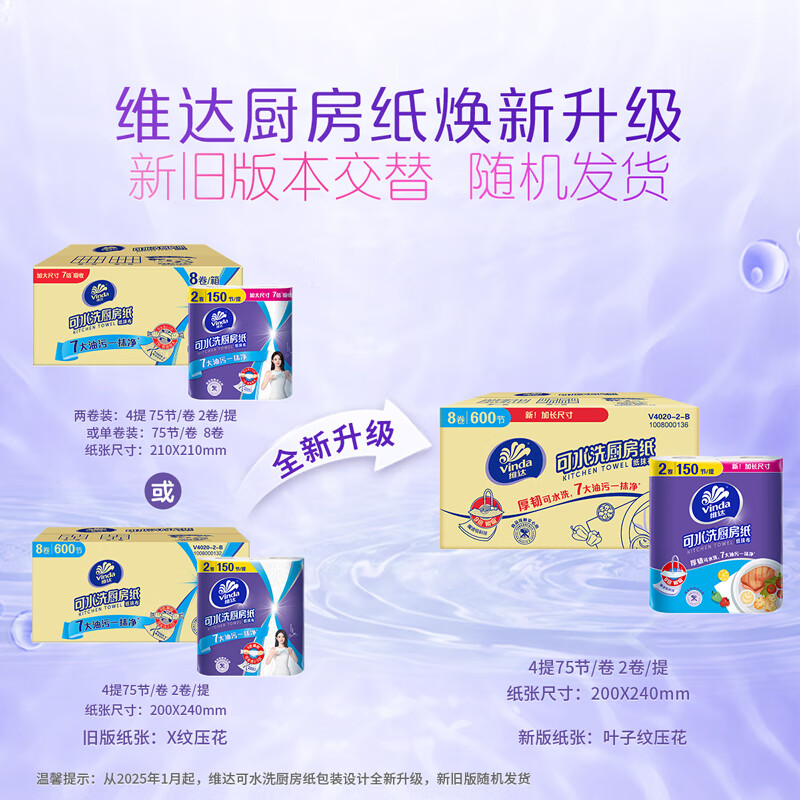 维达(Vinda)厨房卷纸 可水洗75节*8卷 懒人抹布 厨房用纸 整箱 新旧交替