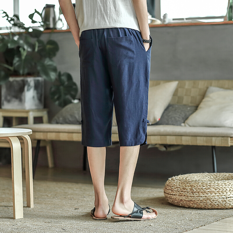 大码7分裤男中国风过膝短裤男款七分裤夏季亚麻休闲裤男薄款夏裤