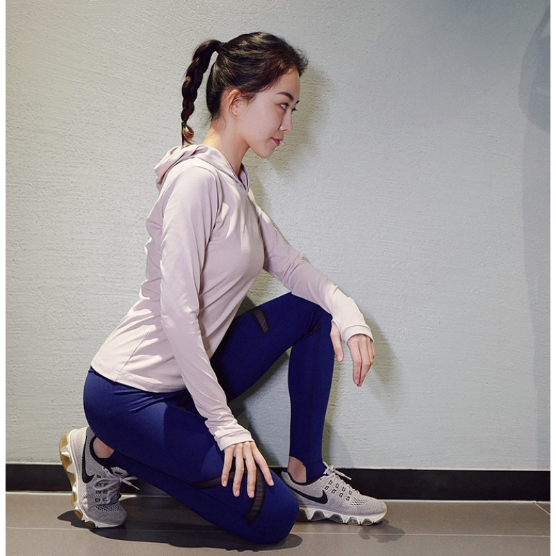 运动上衣健身服女 宽松瑜伽服跑步连帽长袖透气速干运动紧身衣