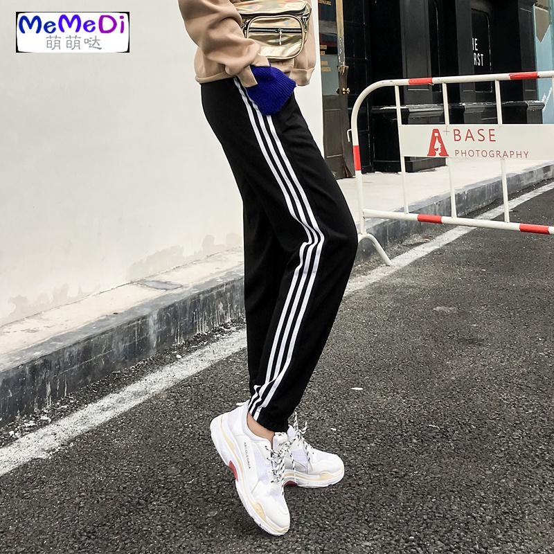 春夏季打底裤女外穿薄宽松休闲侧边三条杠学院风运动束脚九分裤潮