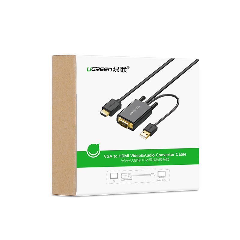 绿联VGA转HDMI高清转换器线 笔记本电脑连接电视投影仪显示器转接头线 支持音视频同步 2米 30840