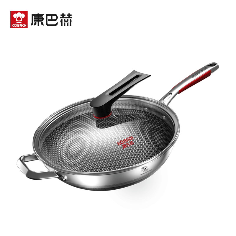 康巴赫乐厨款炒锅不粘锅316L不锈钢炒菜锅34cm加大号少油烟双面花纹蜂窝平底电磁炉燃气通用高清大图