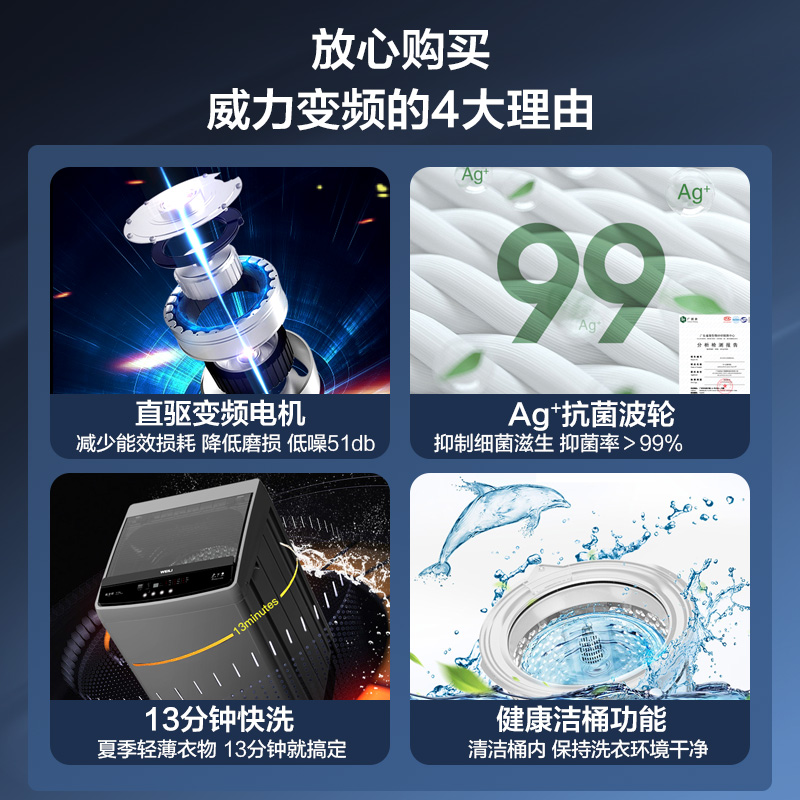 威力(WEILI)10公斤大容量直驱变频波轮洗衣机全自动 智能模糊 一级能效洁桶风干(钛金灰)XQB100-1929D高清大图