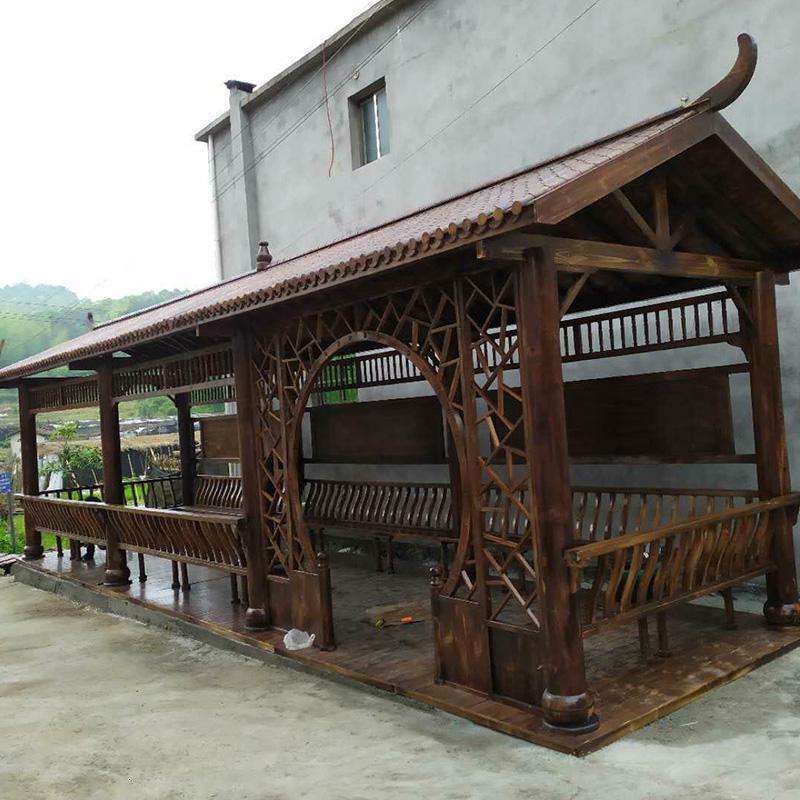 森美人园林景观防腐木户外长廊走廊木质古建公园碳化木凉亭庭院亭子定制 深灰色木质结构每平方