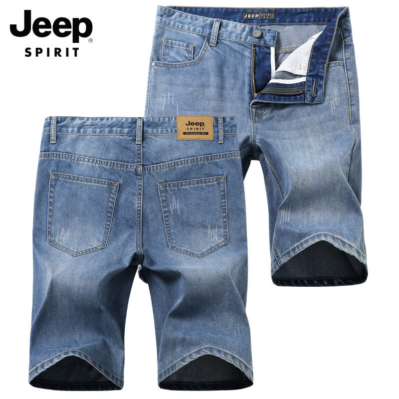 JEEP SPIRIT吉普纯棉牛仔短裤男棉休闲中腰青年牛仔中裤男装五分裤子高清大图
