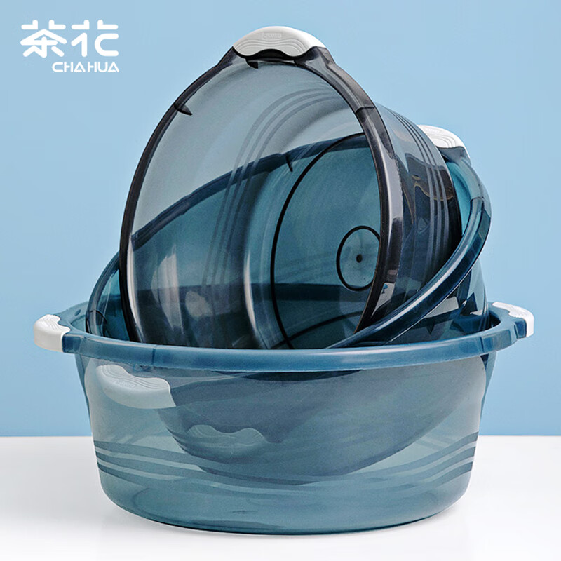 茶花(CHAHUA)洗脸盆大号38cm洗脚盆洗衣盆塑料盆子泡脚盆洗菜盆蓝色单只 03431K高清大图