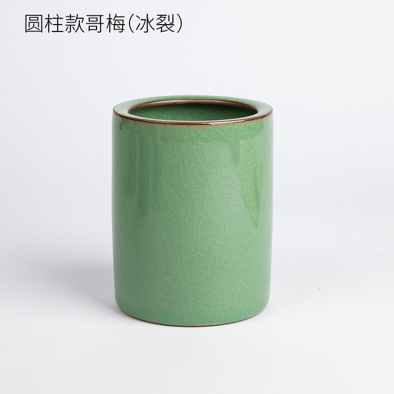 中国风陶瓷多功能笔筒学生桌面复古创意文具收纳盒可爱简约大容量圆形毛笔筒笔桶办公桌摆件女ins时尚 三维工匠 圆柱款哥梅高清大图