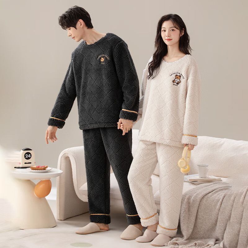 浪莎情侣睡衣男女士秋冬珊瑚绒加绒加厚家居服两件套可外穿卡通风睡衣 卡通熊 男XXXL