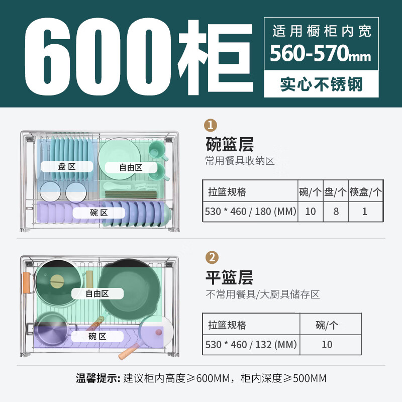 欧琳橱柜拉篮2008D厨房锅碗篮碗架双层抽屉式不锈钢阻尼轨道置物架碗架 柜体外径>=600mm