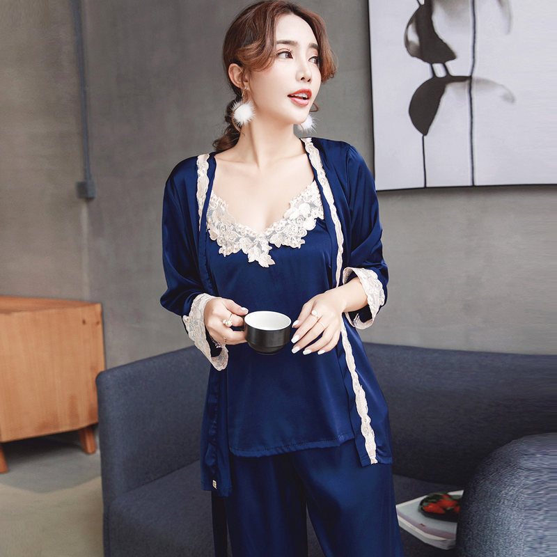 睡衣女夏秋套装性感冰丝蕾丝带两件套仿真丝绸睡裙睡袍家居服