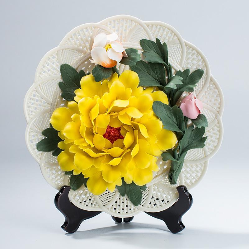 艺术花卉挂盘工艺礼品洛阳牡丹花陶瓷花盘 结婚创意客厅装饰摆件 三维