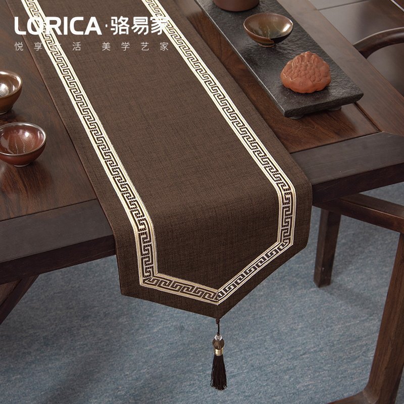 美式桌旗新中式禅意茶旗布现代简约茶几餐桌北欧电视 福延年-咖色(尖角款) 33*180cm(适用桌长1.3米-1.4米)
