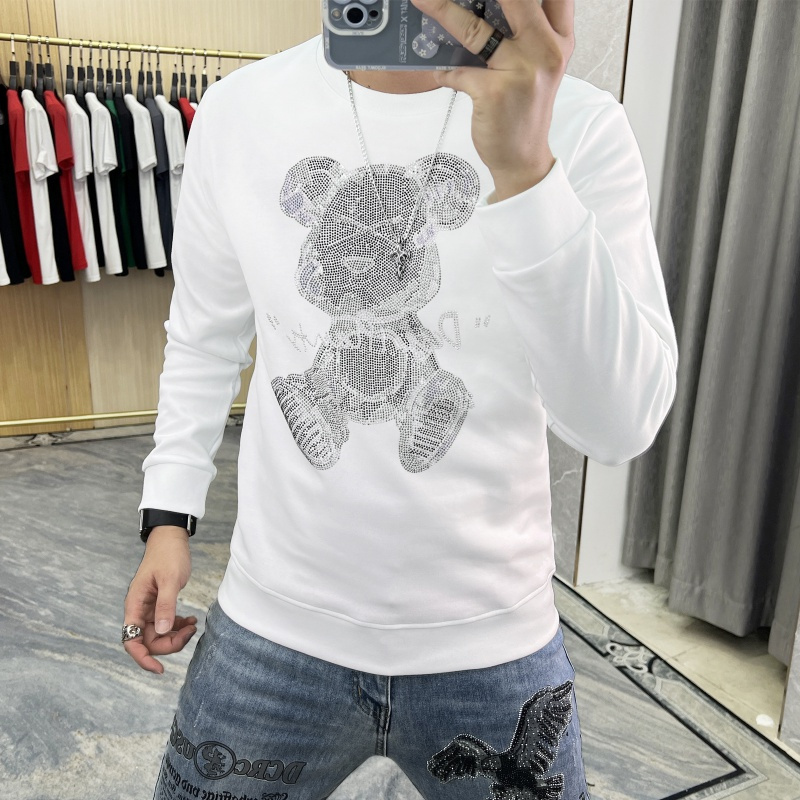 秋冬新款长袖体恤打底衫重工烫钻小熊卫衣男上衣时尚潮流衣服
